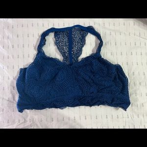 Blue lace racer back bralette.